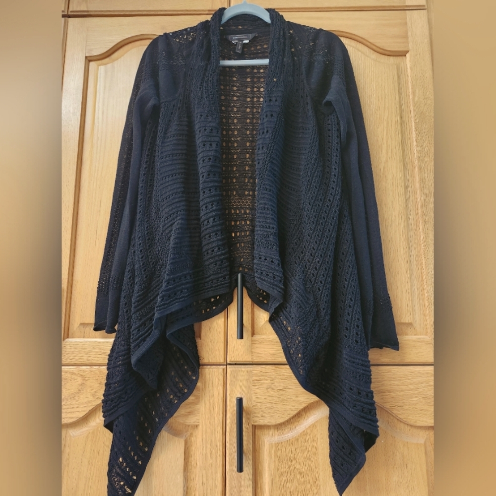 Womens Black Pointelle Knit BCBGMaxazria Waterfall Cardigan Sweater Size M/L
